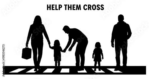 Family crossing road with adult helping children on pedestrian walkway