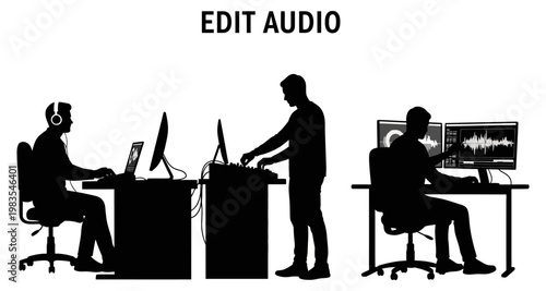 Man editing audio with headphones and computer in studio setting