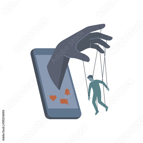 Social media manipulation concept with hand controlling person as a puppet.