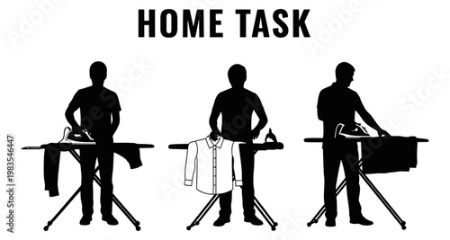 Man ironing clothes on board during domestic chore sequence with clean silhouette style