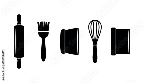 rolling pin wooden cylinder, pastry brush bristle head, dough scraper flat tool, whisk balloon wire, bench scraper rectangular