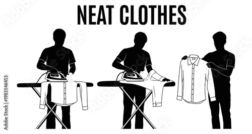 Man ironing a shirt during laundry with clean garments for domestic chores