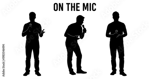 Man speaking into microphone during performance with copy space