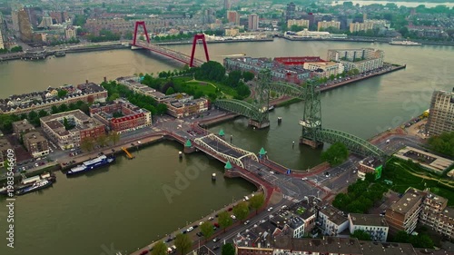 Aerial view of the city of Rotterdam, one of the largest ports in Europe. Panorama of the city with modern architecture and port infrastructure