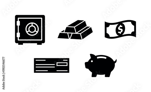 safe vault secure box, gold bar bullion stack, banknote folded bill, check payment slip, piggy bank coin slot bold black