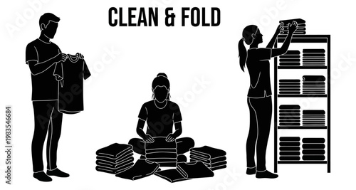 People folding laundry and putting clothes away in a home or service setting