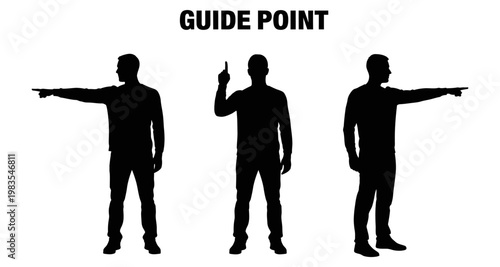 Silhouette men pointing in different directions during presentation or explanation