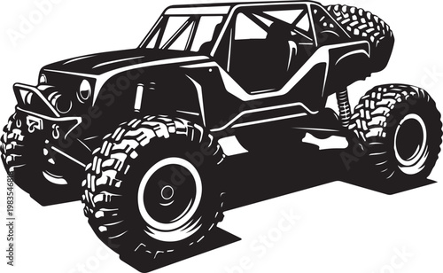Off-road, monster truck, vector illustration, black and white, rugged vehicle