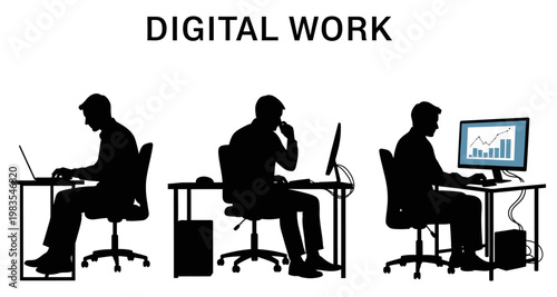 Silhouetted figures working at desks with computers and laptops in a clean studio setting