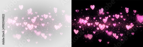 Radiant pink hearts glow sparkle light particles romantic effect png overlay element, on transparent background