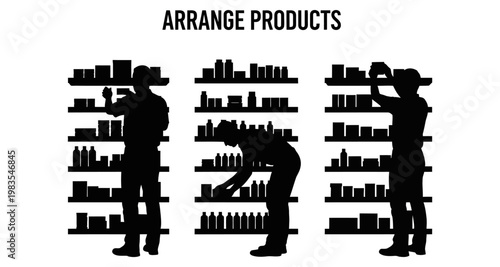 Silhouetted people arranging retail products on shelves during a store reset