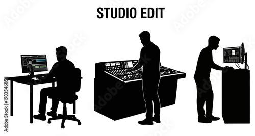 Silhouetted individuals working with audio equipment in a studio setting