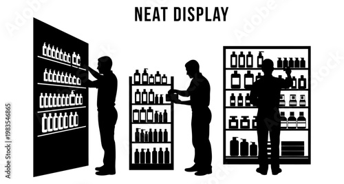 Silhouettes arranging products on retail shelves during store stocking