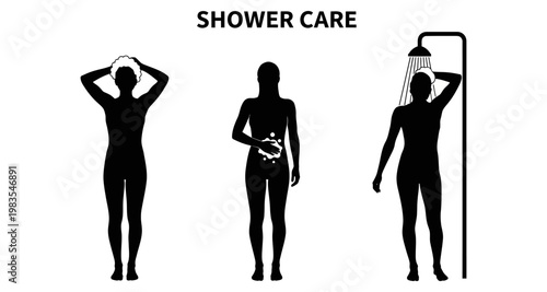 Silhouettes demonstrating shower care routine with water flow and hygiene icons