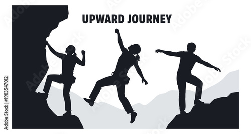 Silhouettes of climbers ascending a rocky mountain during an upward journey concept