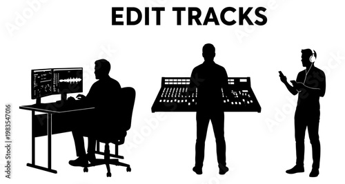 Silhouettes of audio engineers working on sound mixing and editing