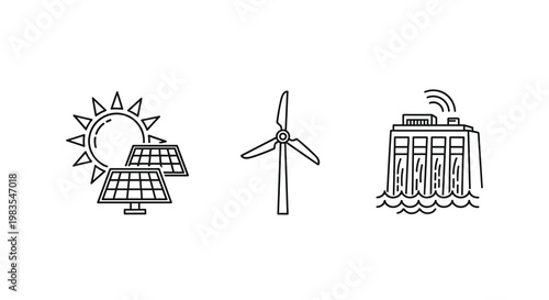 Renewable energy icons including solar panels wind turbine and hydroelectric dam, Generative AI.