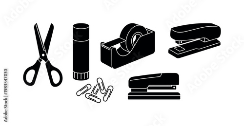 scissors cutting tool, glue stick tube, tape roll dispenser, paper clips assorted shapes, stapler desktop device bold black