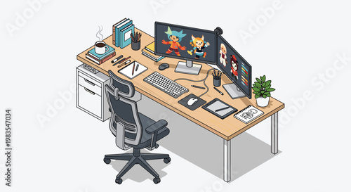 An isometric illustration of a modern workspace with a desk chair computer monitors keyboard mouse and office supplies on a light brown wooden desk, Generative AI.