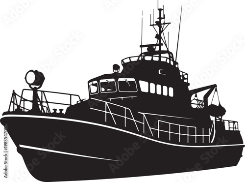Black boat silhouette, fishing vessel, naval ship, vector illustration