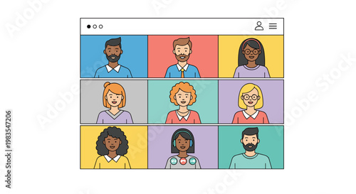 A colorful illustration of diverse people in a video conference on a computer screen with various backgrounds, Generative AI.