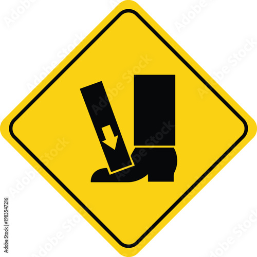 Foot protection warning sign pictogram indicating danger of crushing foot safety symbol for industrial areas isolated on yellow background