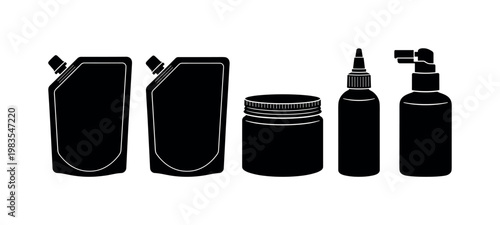 shampoo refill pouch, conditioner refill pouch, exfoliating scrub jar, hair tonic bottle, scalp treatment pump bold black