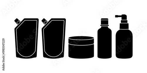 shampoo refill pouch, conditioner refill pouch, hair tonic bottle, hair lotion pump, hair gel tube compact bold black silhouette