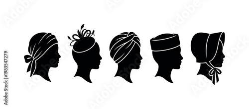 shawl hat with ribbon, fascinator small headpiece, turban wrap style, pillbox hat compact, bonnet tied under chin bold black