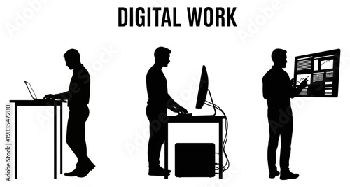 Silhouettes of men working at standing desks with laptops computers and digital screens