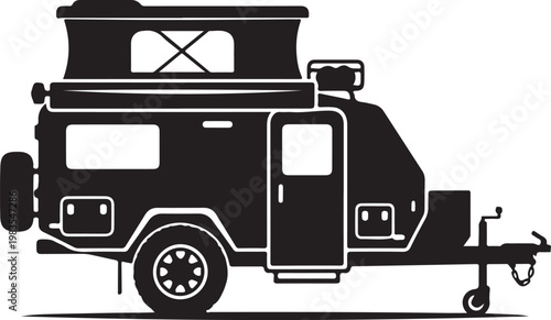 Camper trailer, caravan icon, travel vehicle, recreational transport