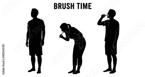Silhouettes of people brushing teeth during morning routine with clean background for copy space