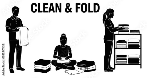 Silhouettes of people cleaning and folding laundry during domestic chores