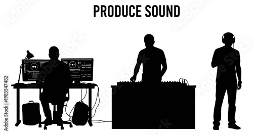 Silhouettes of people creating music with audio equipment in a studio setting