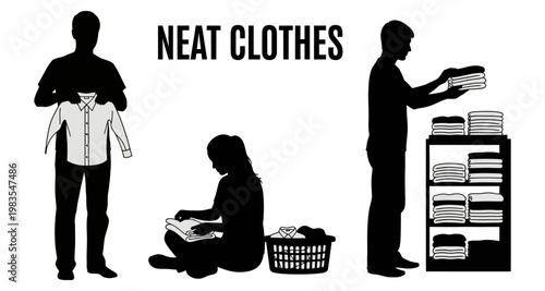 Silhouettes of people folding and organizing clothes neatly on shelves during daytime