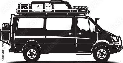 Vector camper van, black silhouette, side view, luggage rack, travel vehicle