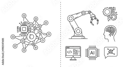 A collection of black line icons depicting various artificial intelligence and machine learning concepts including robotic arms circuit boards and human brain with gears, Generative AI.