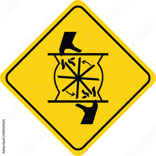 Warning sign for crushing hazard with hands and rotating mechanism safety pictogram for industrial machinery isolated on yellow background