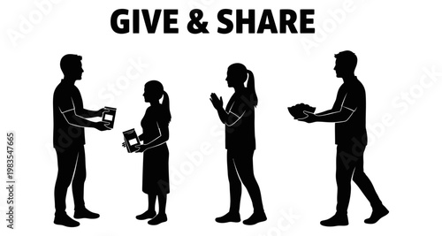 Silhouettes of people sharing and giving during a community event against white background