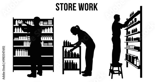Silhouettes of people stocking shelves in a retail store during daytime