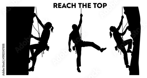 Silhouettes of rock climbers ascending steep cliffs during outdoor adventure