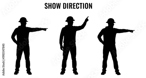 Silhouettes of workers in hard hats pointing in different directions on white background