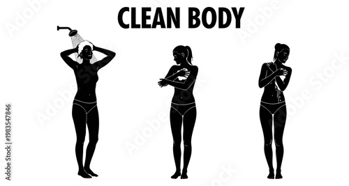 Silhouettes of women in various stages of showering and bathing with clean body text