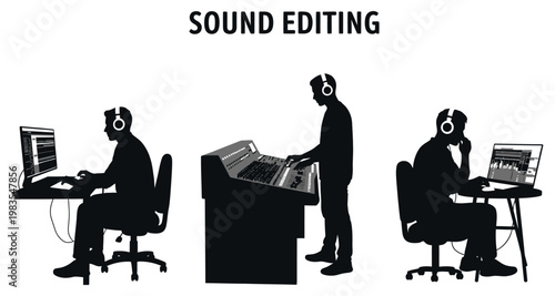 Sound editing silhouette of people working with audio equipment and computers