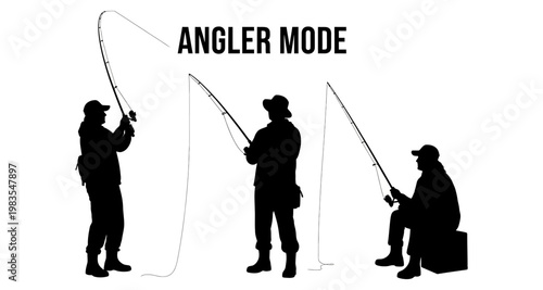 Three anglers in silhouette casting fishing rods during daytime on white background