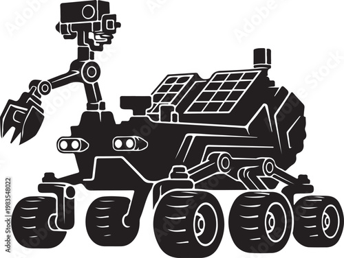 Robotic Mars Rover, Space Exploration Vehicle, Black Vector Illustration, Solar Powered Robot