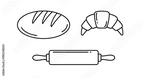 Vector illustration of bread croissant and rolling pin for baking, Generative AI.