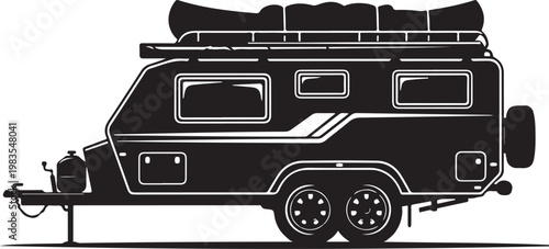 Camper trailer, caravan vector, black illustration, travel, outdoor recreation