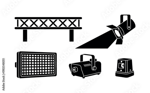 stage lighting rig truss, spotlight with beam, LED panel rectangle, fog machine device, strobe light small bold black silhouette