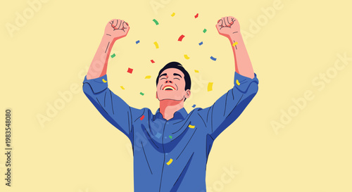 A man celebrating with fists raised and confetti falling around him on a yellow background, Generative AI.